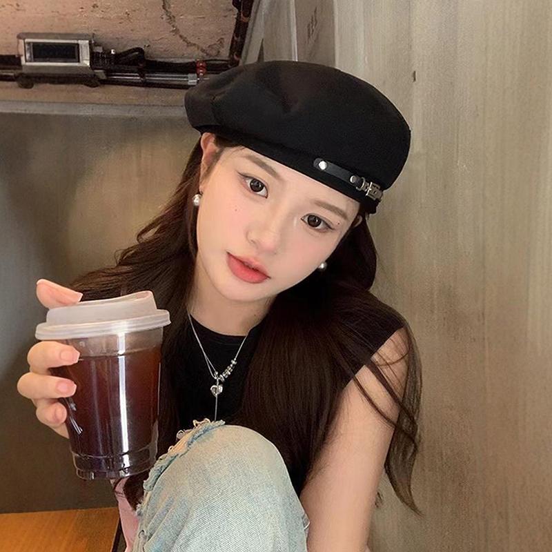 1Pieces Belt Double Buckle Chain Beret Metal Buckle Beret Female British Retro Casual Painter Hat Mountaineering Scarf