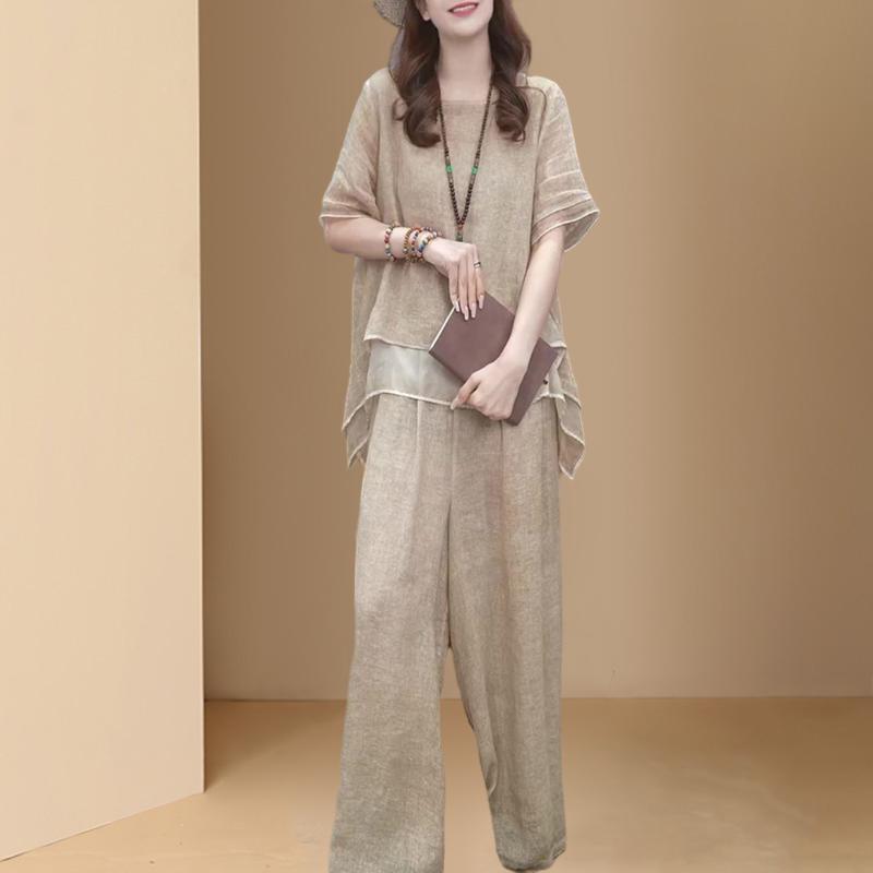 Women Vintage Wide Leg Trousers Suits Casual Patchwork Blouse Pants Sets 2PCS Loose Suit Plus Size