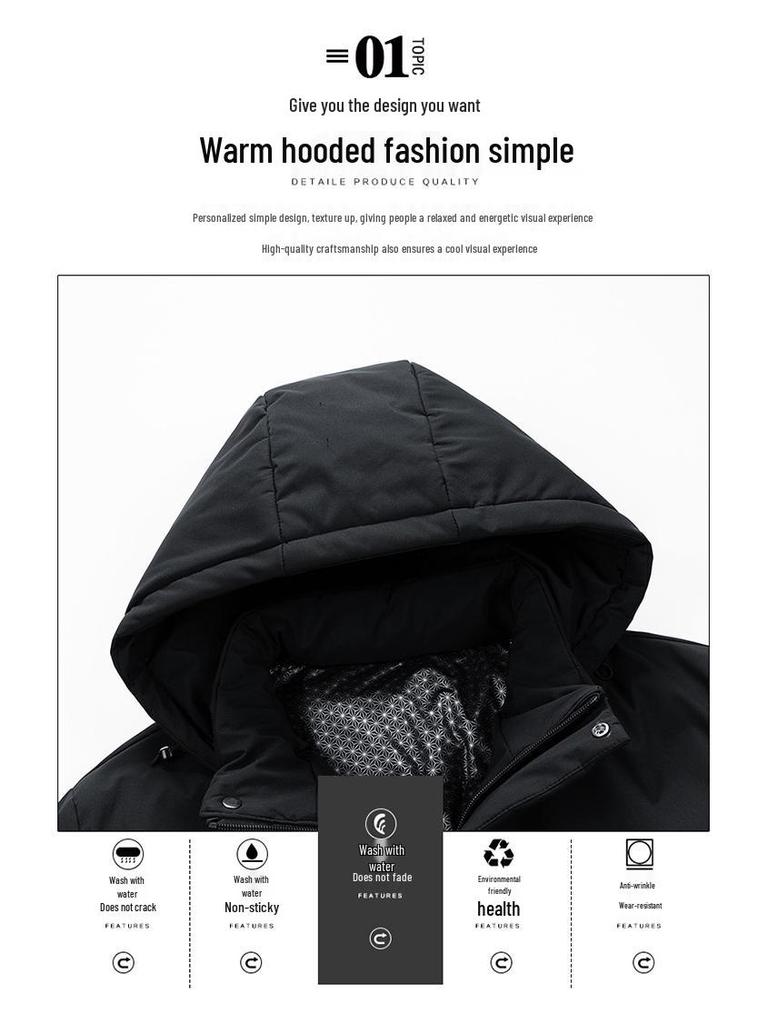 Men's Business Casual Down Jacket with Detachable Hood - Graphene Insulated, Thick Padded Cotton Coat for Winter
