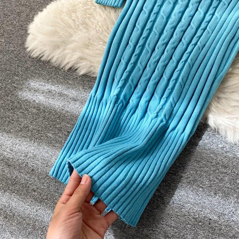 Podzimní a zimní nové retro Twist pletené teplé elastické tenké bokové šaty s vysokým výstřihem, dámské