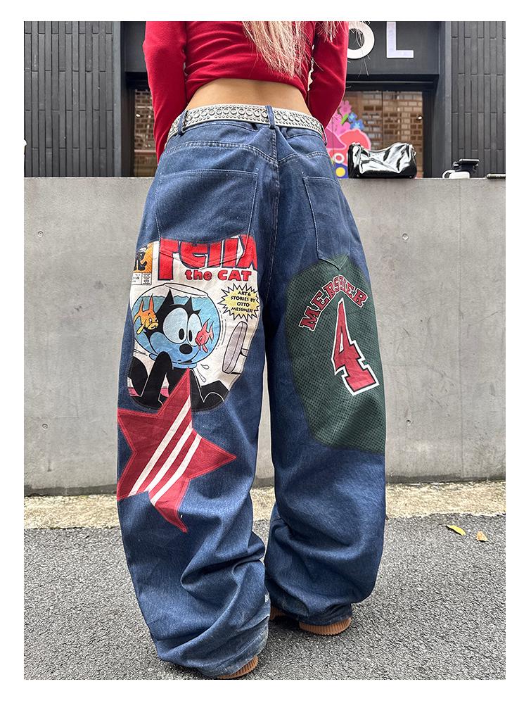 Unisex Retro Wide-Leg Star Patchwork Jeans