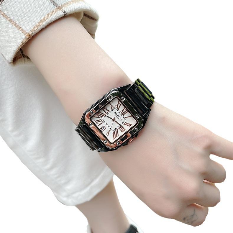 Modny zegarek Santos Square: Unisex Stalowy Pasek, Kalendarz, Wodoodporny, Kwarcowy