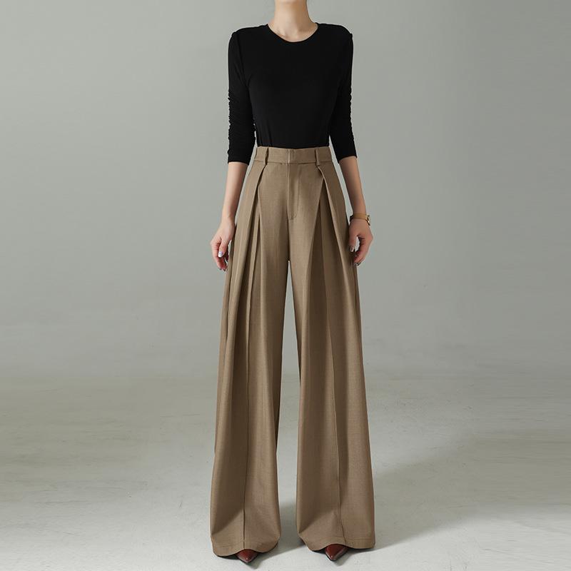 

High-end fashion high-waisted drape suit wide-leg pants women s spring and summer new versatile loose floor casual pants S темно-коричневого