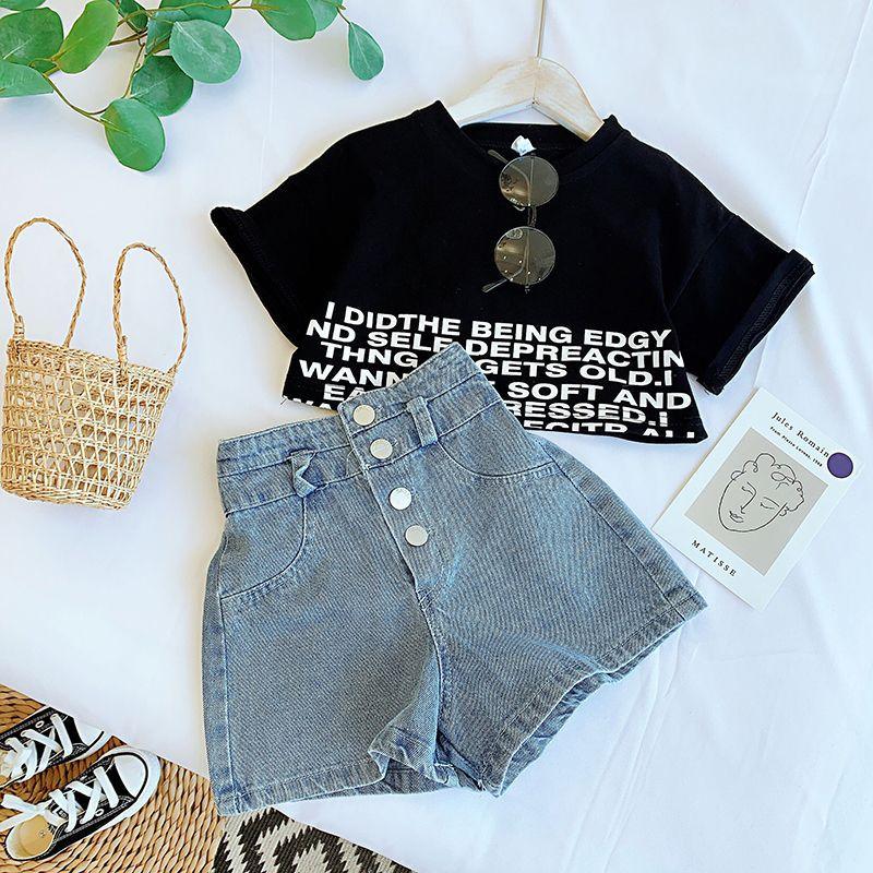 2 STKS Kinderkleding Set Lente Zomer Meisjes Pakken Hoge Taille Denim Shorts Afdrukken Brief Midden Mouw Tops Kleding Set