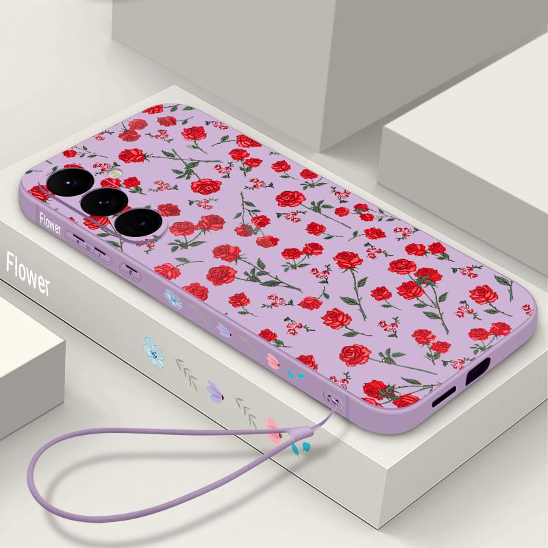 Retro Flower Pattern Phone Case for Samsung Galaxy A57 A17 A56 A16 A55 A15 A36 S25 FE S26 S24 S23 S22 Ultra Soft Lanyard Cover