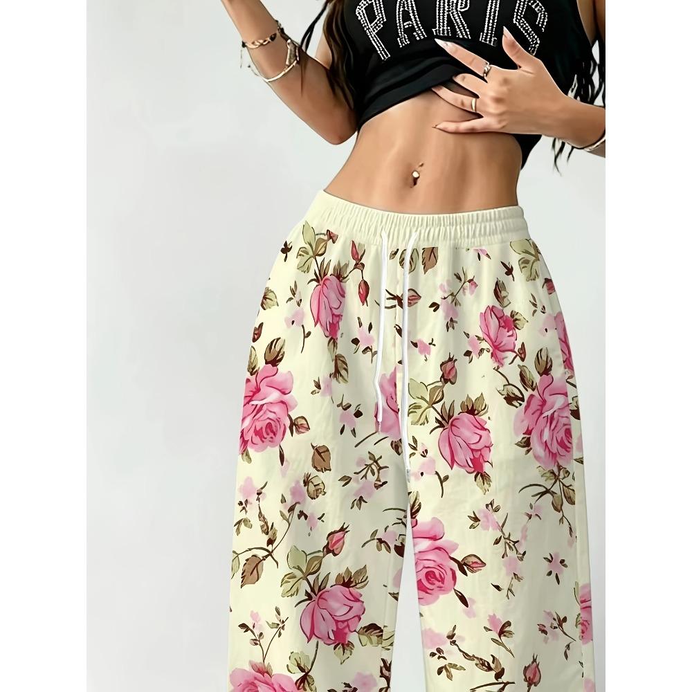 Women's Fashion Casual Trousers Light Yellow Base Color Pink Rose Floral Print Wide-leg Trousers