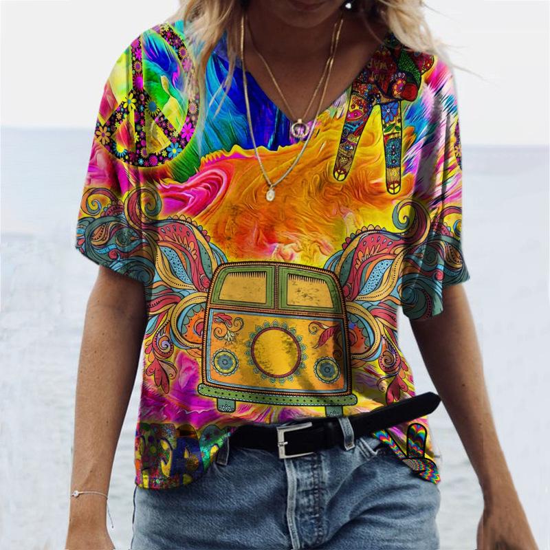Damen T-Shirt mit Print, Künstlerisches Kurzarm-V-Ausschnitt Sommeroberteil, Stilvoll und Trendig
