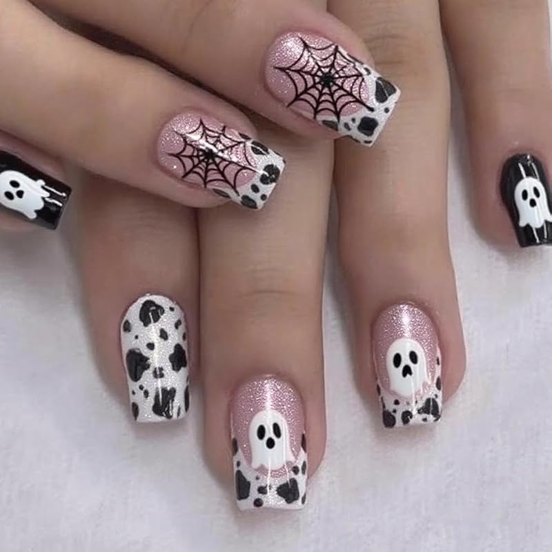Press on Nails Halloween Square French Tip Fake Nails Mummy and Cobweb Designs Stick on Nail Nude Color Acrylic Nail Halloween Glue on Nails Full