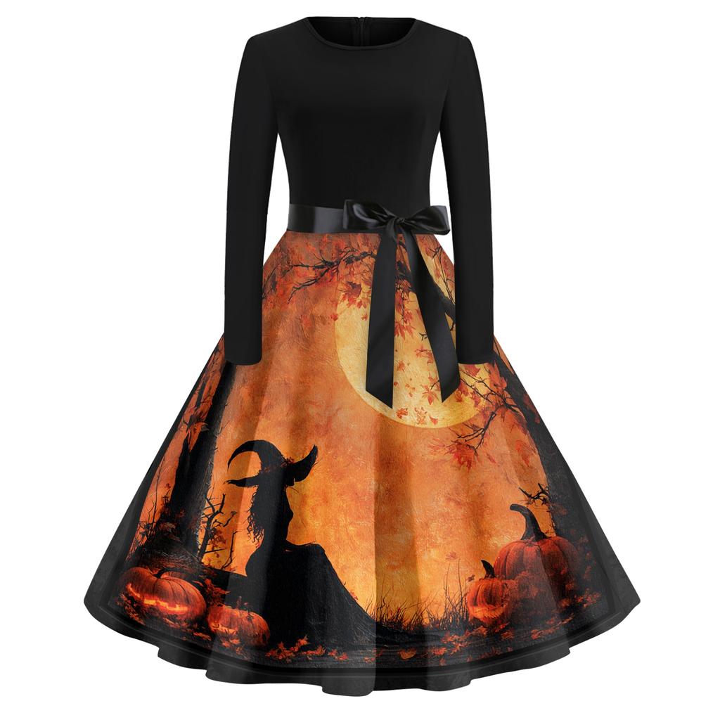 Women's Casual Fashion Round Neck Halloween Printed Vintage Dress