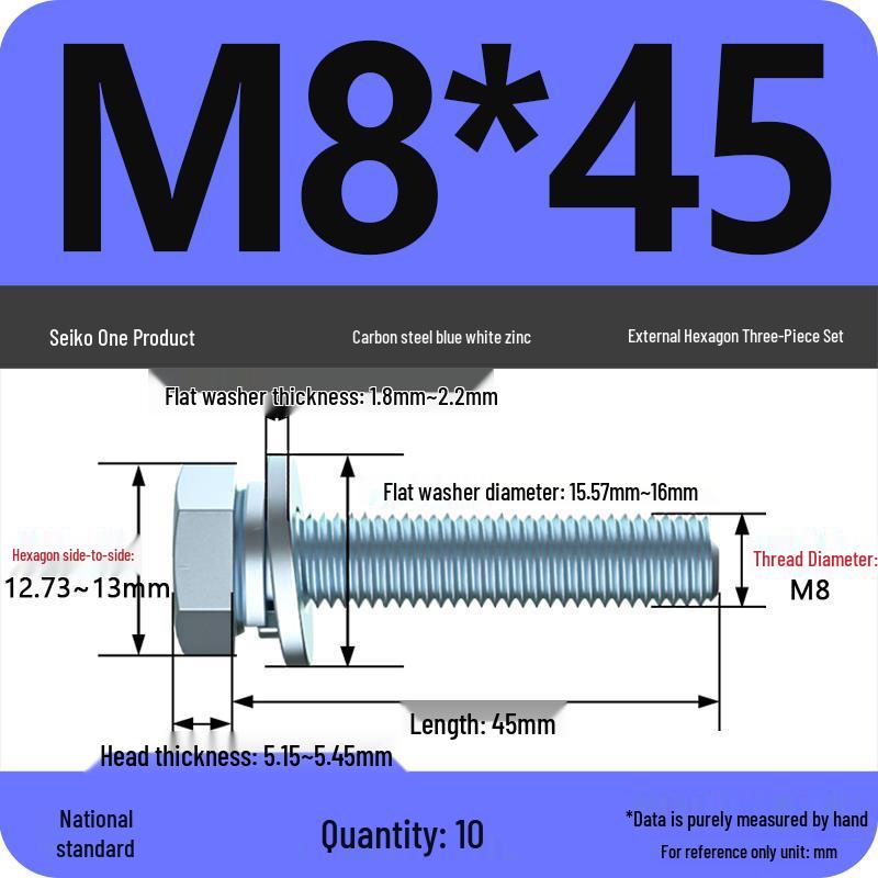 Grade 8.8 Galvanized Hex Bolt Set: Includes Hex Bolt, Spring Washer, Flat Washer (Sizes: M4, M5, M6, M8, M10, M12)