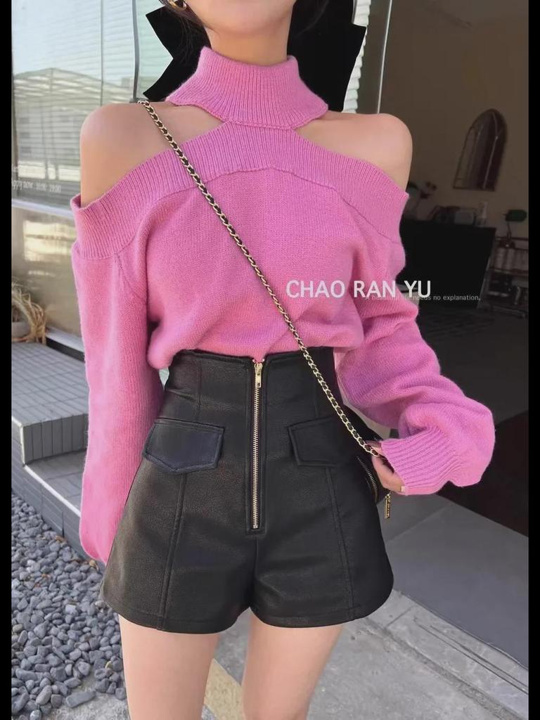 Women's High-Waist PU Leather Shorts, Autumn/Winter, Slim A-Line Wide-Leg Pants, Korean Style with Zipper.