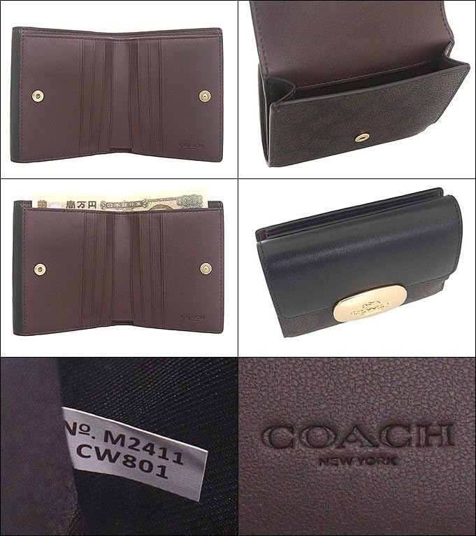 Coach Eliza Signature Coated Canvas Leather Small Wallet (Bi-fold) FCW801 CW801 Walnut and Black (Outlet)