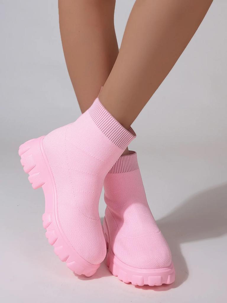 Značka Dámské kotníkové boty Lehká obuv pro volný čas pro ženy Móda na klínu Ponožkové boty Pletení Zimní středně tubusová bota na platformě