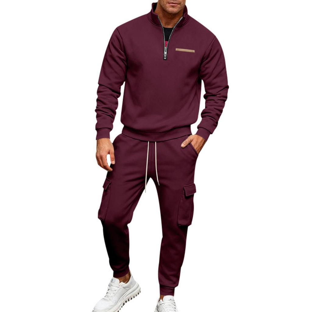 Men's Half-Zip Stand Collar Sweatshirt Set with Cargo Multi-Pocket Jogger Pants