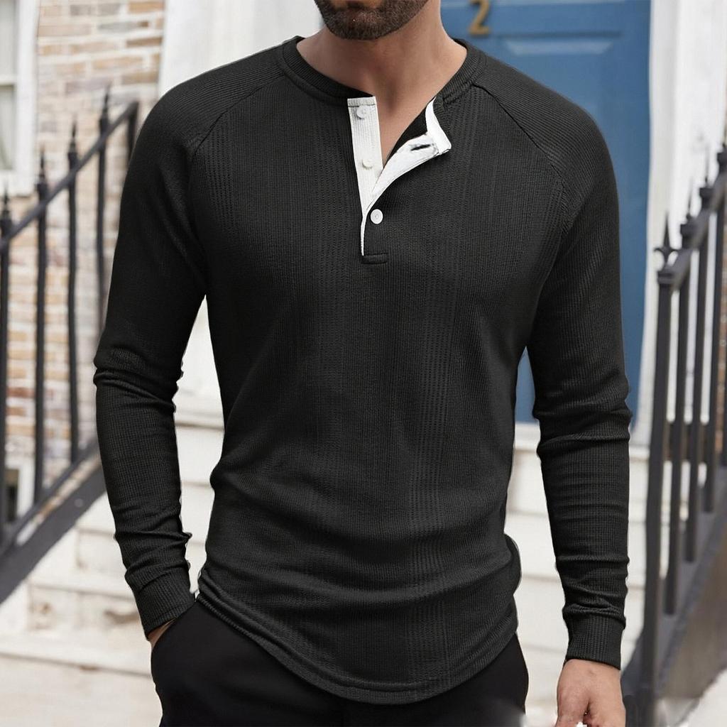 Herren Einfarbig Gerippt Texturiert Knopfleiste Rundhals Langarm Top