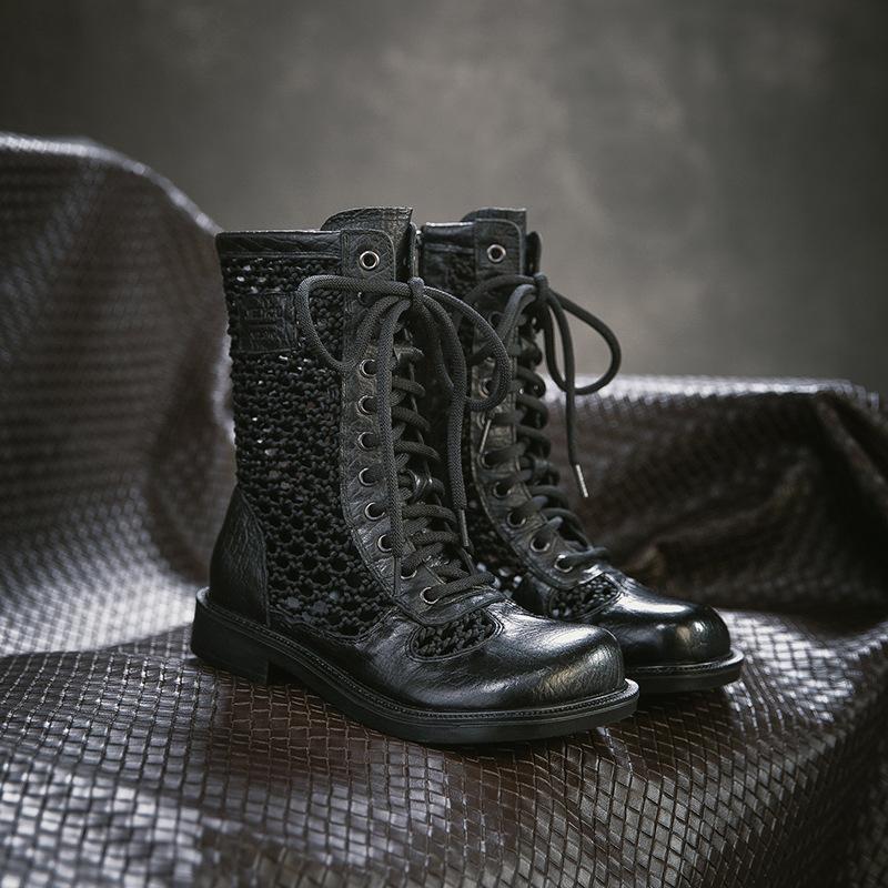 Johnature Retro Genuine Leather Hollow-out Breathable Summer Mid-calf Boots Versatile Fashion Women's Shoes