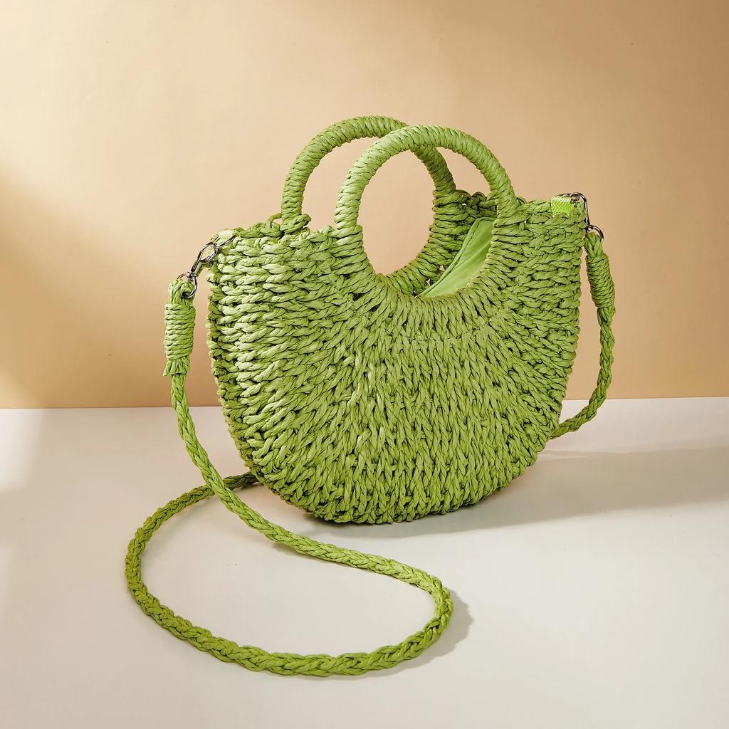 Handwoven Straw Rattan Half-Moon Bag - Women’s Large Capacity Hollow Out Crossbody Beach Shoulder Bag with Half-Round Design