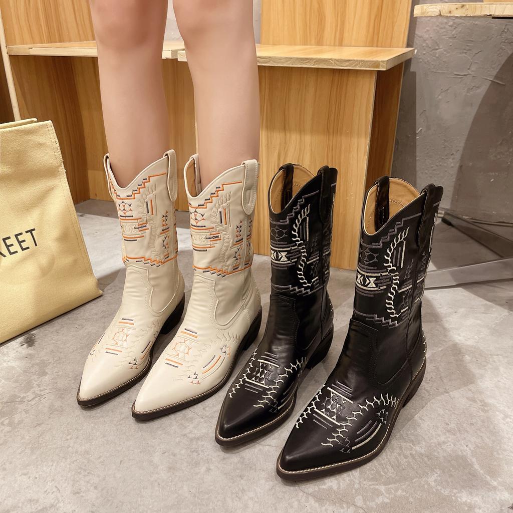 Women's Boots Retro Autumn Winter White Mid Calf Boots Big Size 42 Women Comfy Walking Female Western Cowboy Boot Women's Shoes