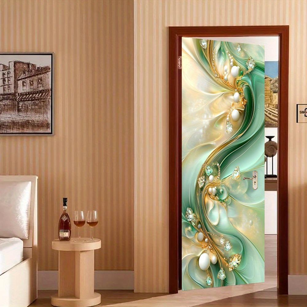 Moderne Geometrische Türsticker - Selbstklebende und abnehmbare Türsticker, grüne seidige Wellenlinien mit einem Schmuckmuster