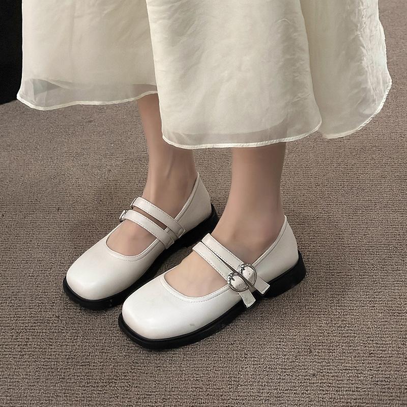 Flat bottom square head Mary Jane shoes women's summer with skirt French small leather shoes 2025 new shallow mouth fashion single shoes women