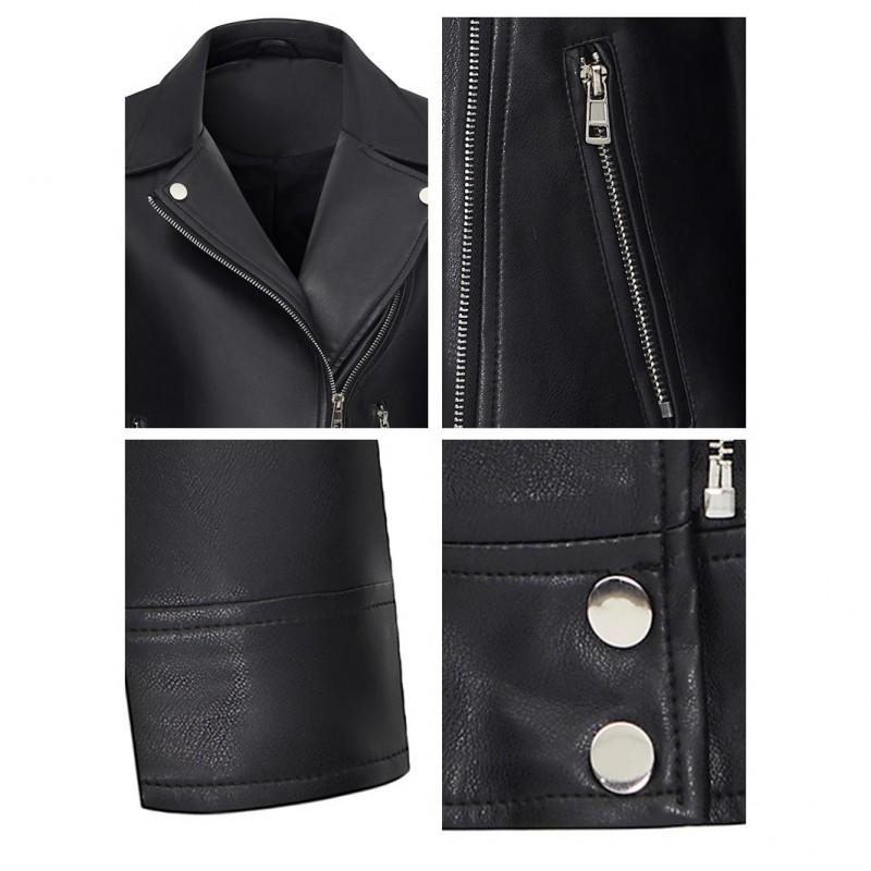 Womens Short PU Leather Jacket With Notched Lapel Slim Fit Biker Style Office Casual Wear