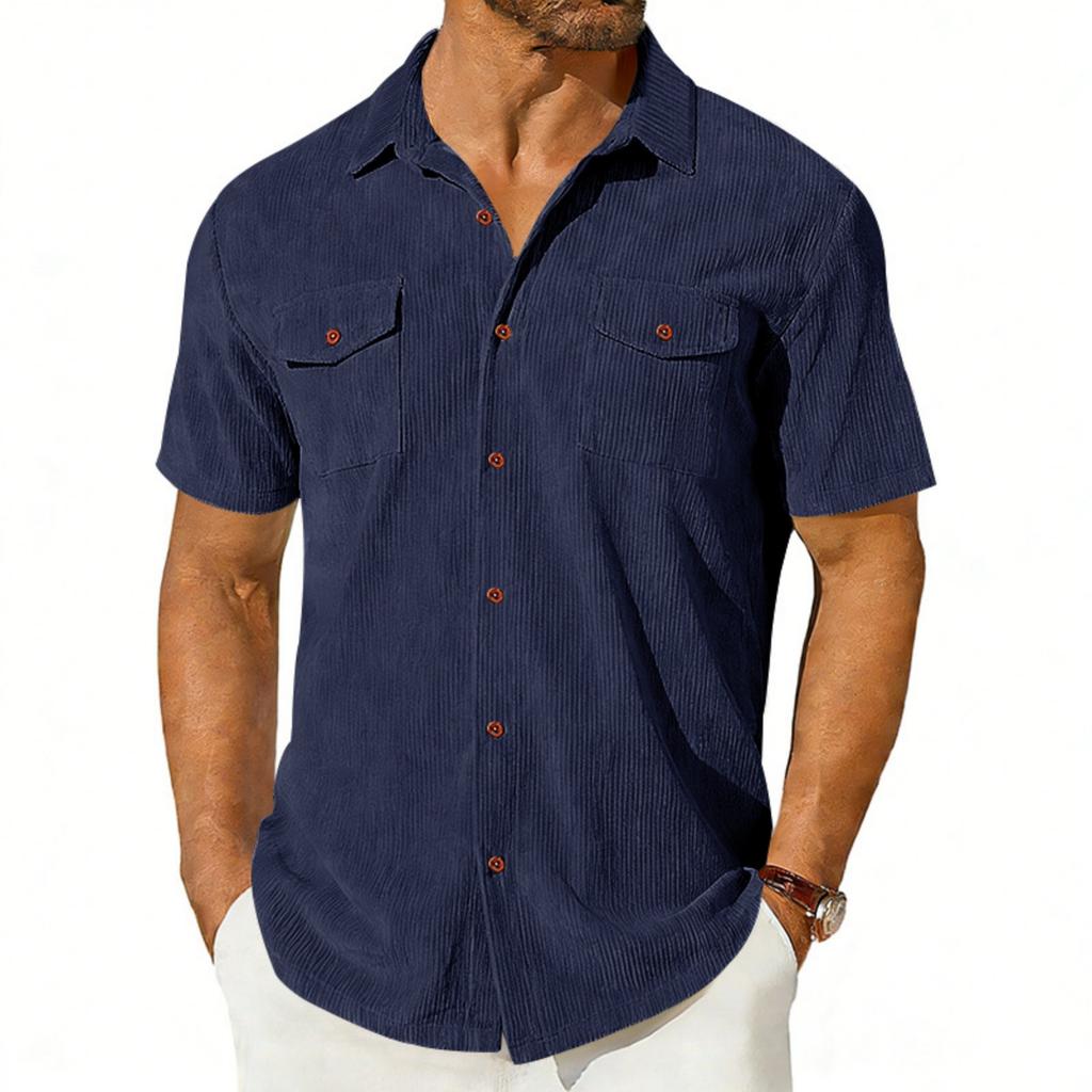 Camisa de pana americana pesada para hombre, de manga corta, holgada, para exteriores, con solapa y bolsillos de carga