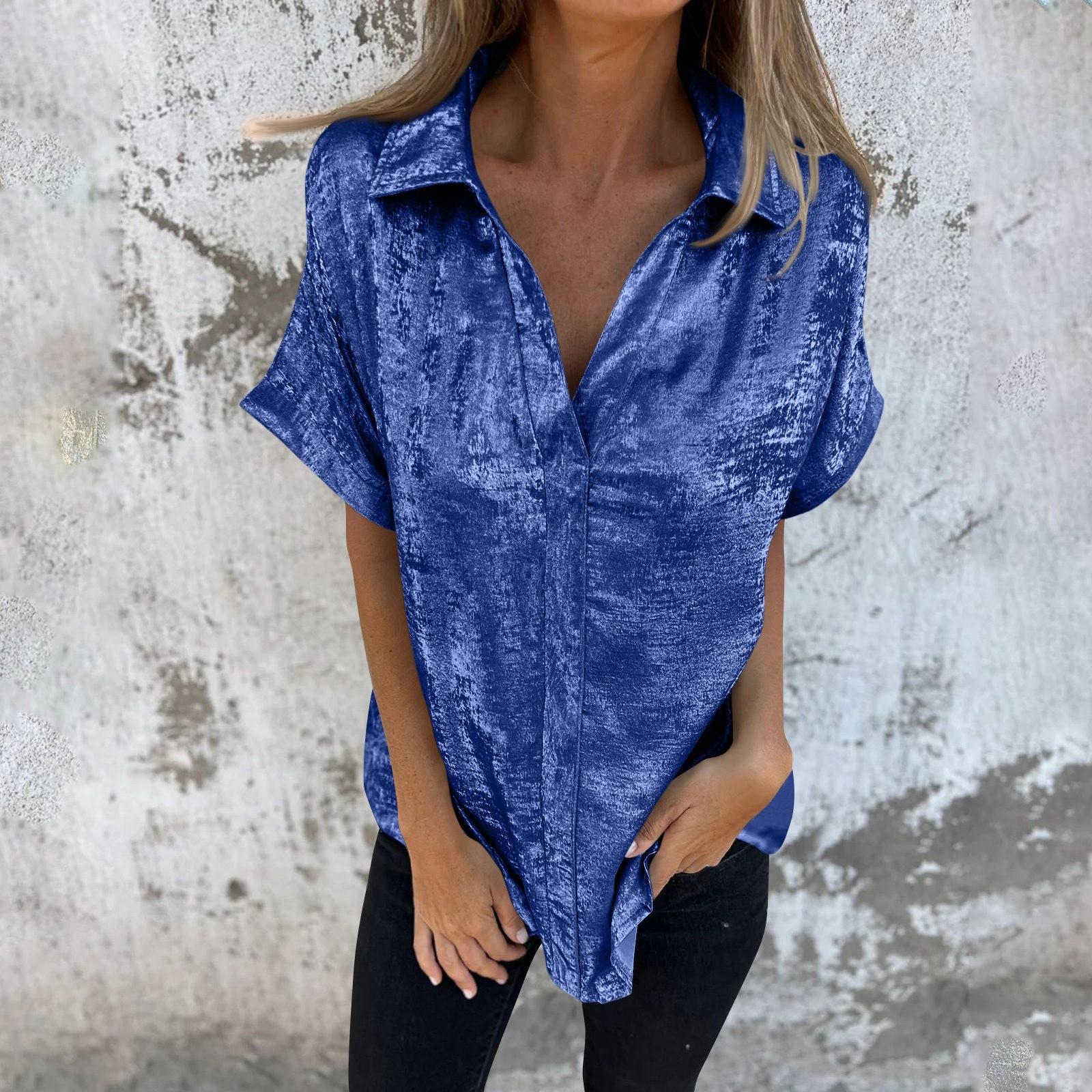 

Женская мода однотонный лацкан с короткими рукавами свободный пуловер рубашка топ L синий