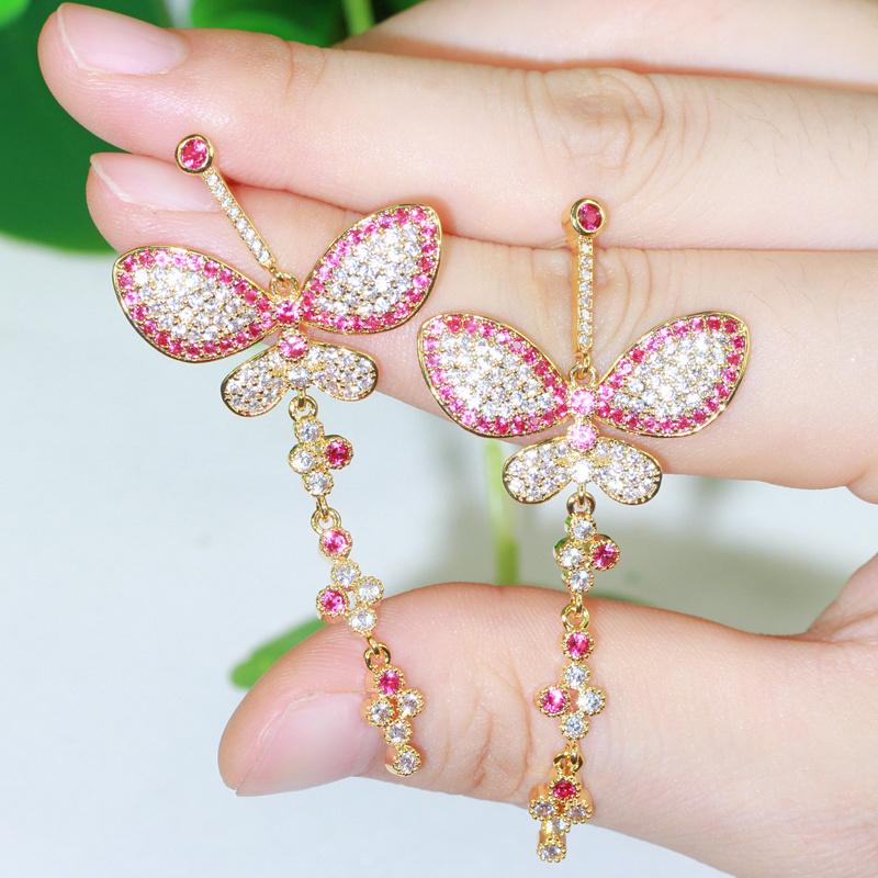 Boucles d'oreilles pendantes en forme de papillon WWJ avec zircone cubique multicolore