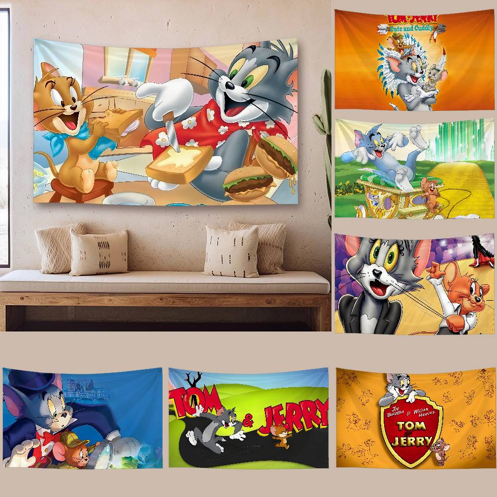 Cute TTom And Jerry Tapestry Wall Hanging Tapestry Art Deco Blanket Curtain Hanging At Home Bedroom Living Room Decor