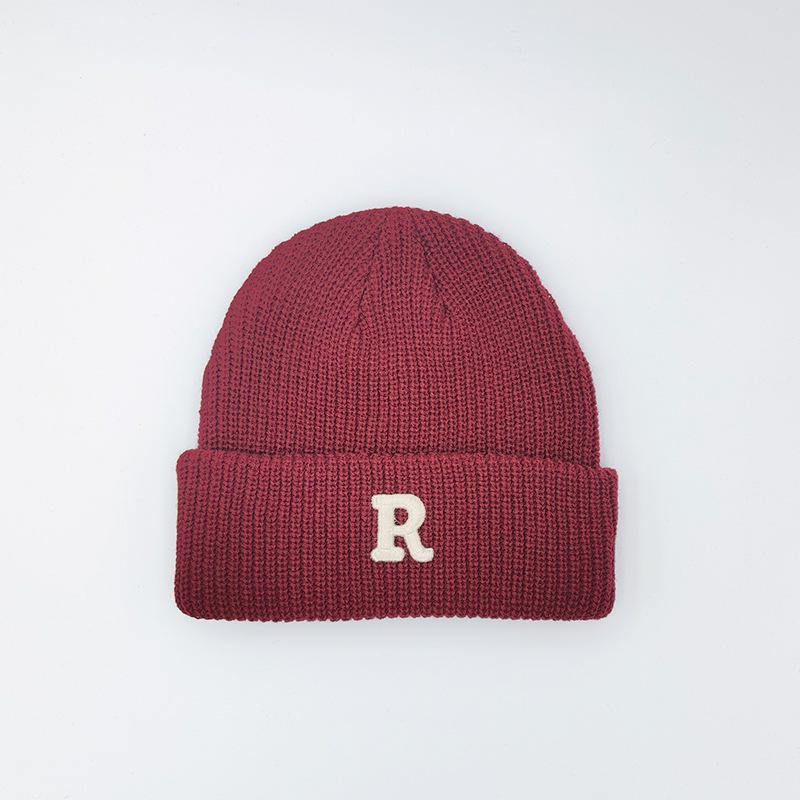 R mark Knitted Hat for Women's Letters In Autumn and Winter Thickened Pure Color Couple Warm Ear Protection Cold Hat for Men's Wool Hat