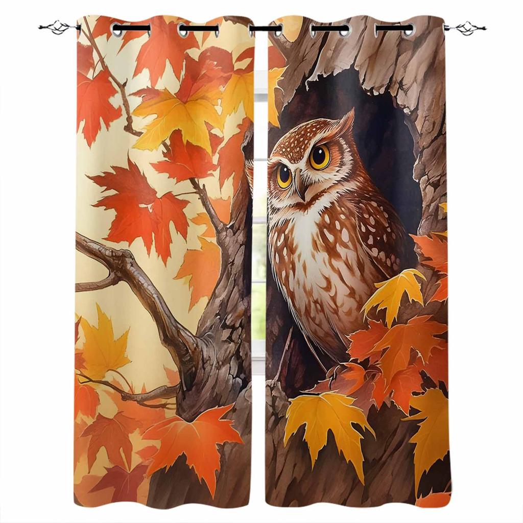 Autumn Maple Owl Blackout Curtains For Living Room Bedroom Window Treatment Blinds Drapes