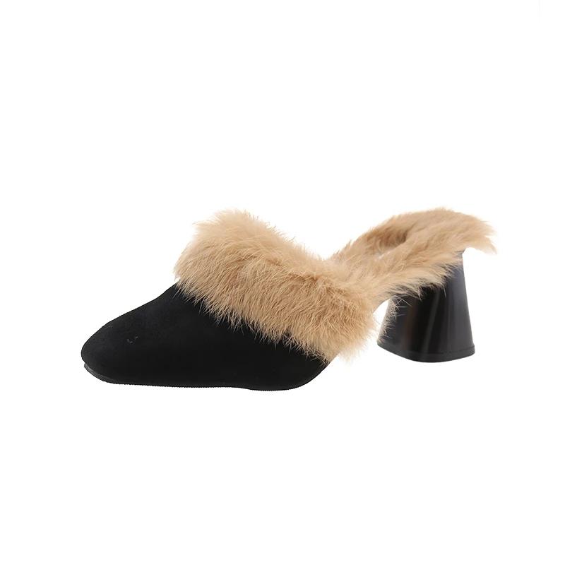 

Fashion Home Furry Fur Slides Plush Slippers Fluffy Flip Flops Luxury High-heeled shoes Women Fashion Shoe 2025 Zapato De Mujer Designer 43 чёрный