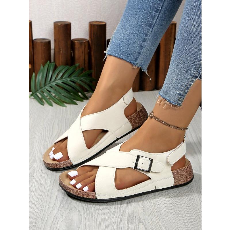 Damen Übergröße Neue Sommer Schnalle Peep Toe Flache Mode Europäisch Amerikanischer Stil Strand Kreuzriemen Sandalen