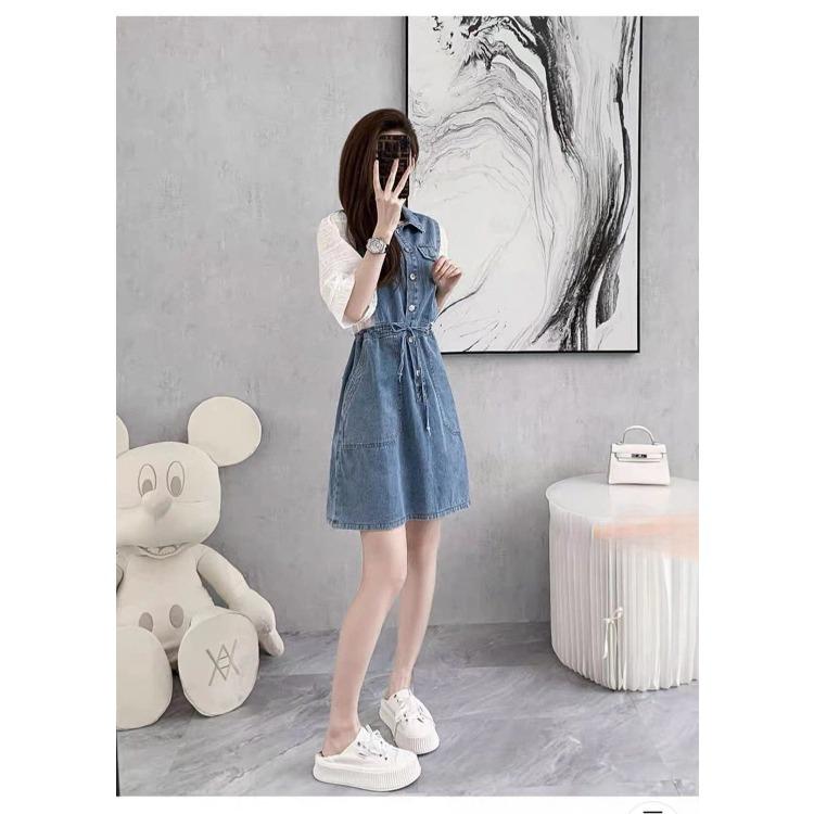 Summer French Style Denim Dress Women Casual Polo Collar Slim Fit Youthful Fashion