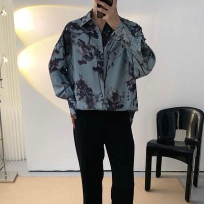 Men Shirt Single-breasted Printed Loose Turn-down Collar Long Sleeves Single-breasted Buttons Thin Mid Length Cardigan Fall Spri