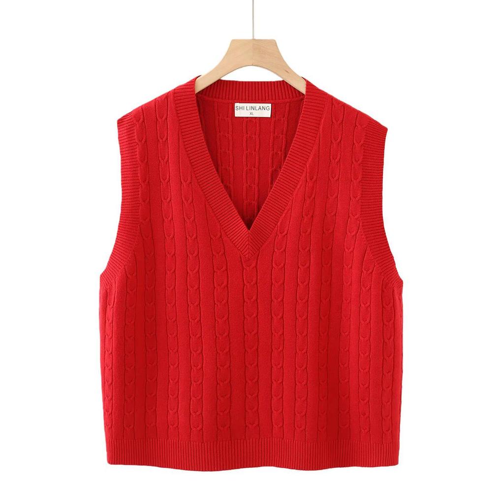 2026 Spring Korean V-neck Cable Knit Vest: Women's Plus Size Sleeveless College Style Layering Tank Top Shrug