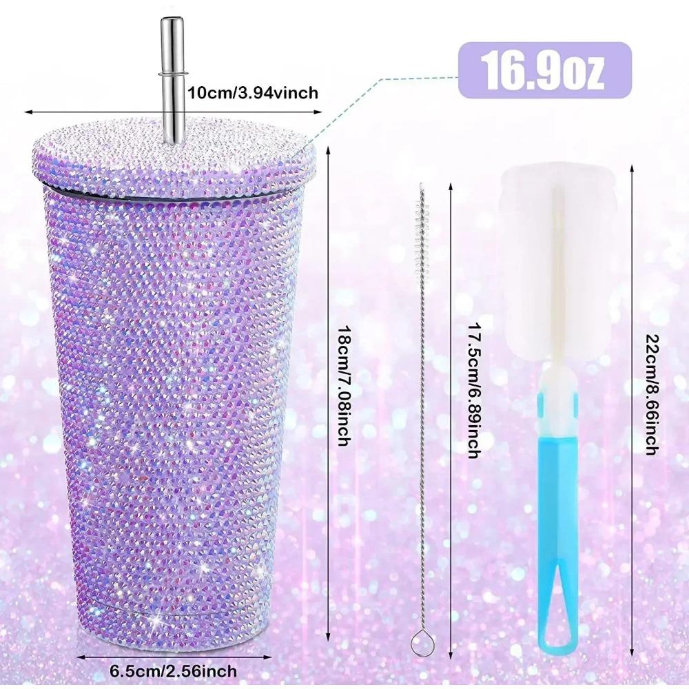 750ml Reusable Straw Cup Double Layer Thermos Cups Women Glitter Cup Water Bottle Gift With Lid Rhinestone Stainless Steel