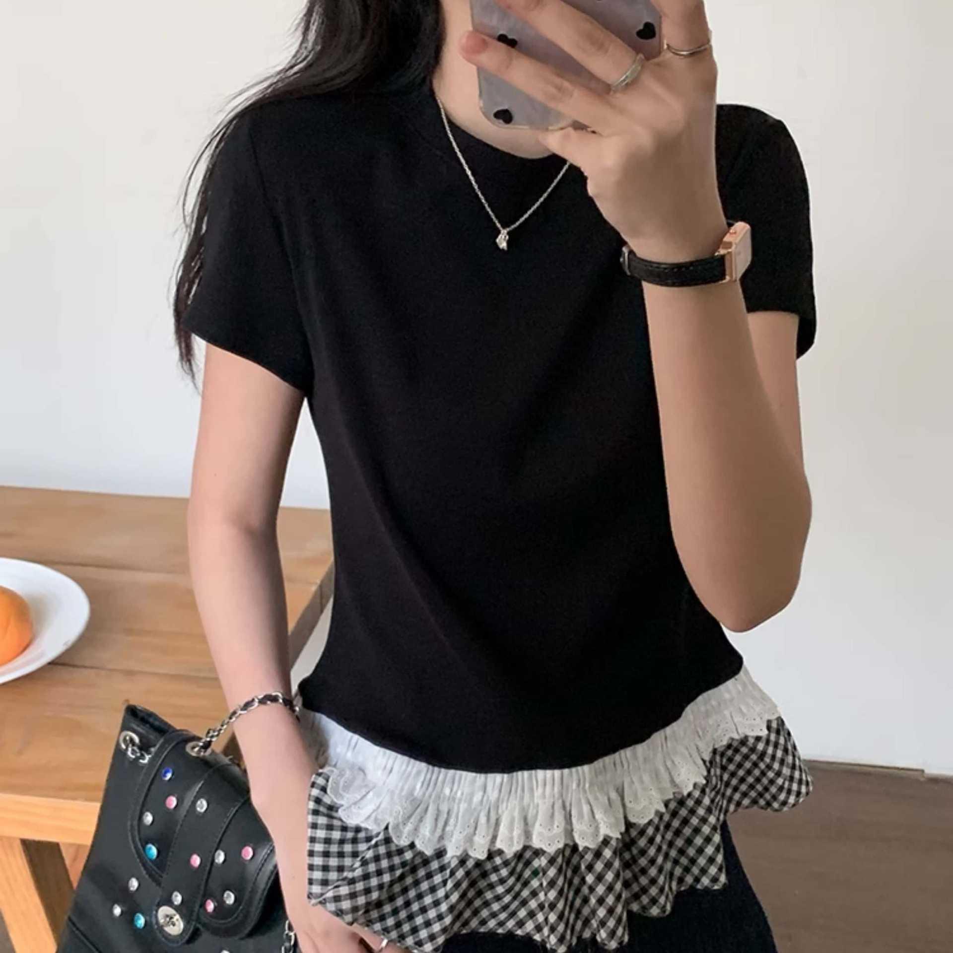 

Elegant Ruffled Patchwork Short Sleeve Women s Summer Crew Neck Top Small [Premium Quality]