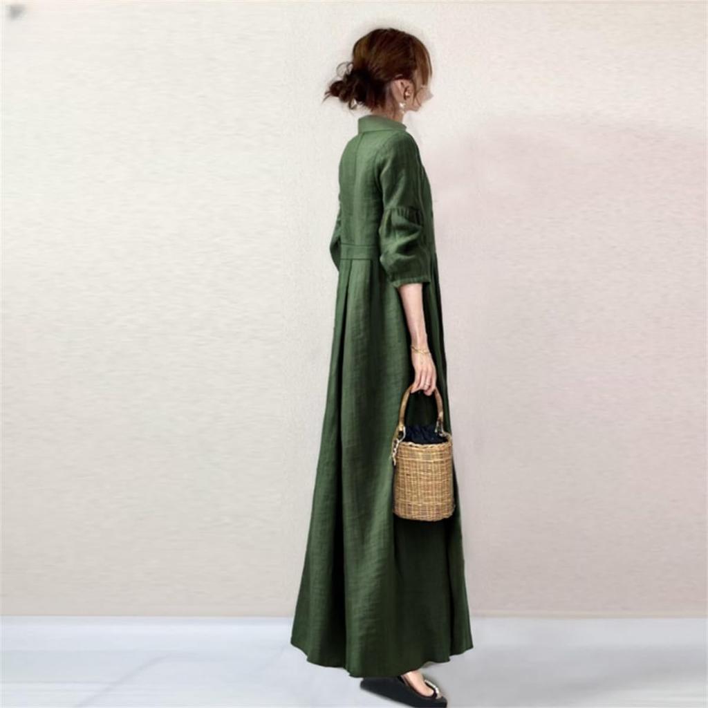 [YUANYUAN] Women's One-Piece Dress, Autumn Clothes, Long Length, High Waist, Long Sleeves, Maxi Length, Solid Color, Gathered, Pleated, Flared, Cute,