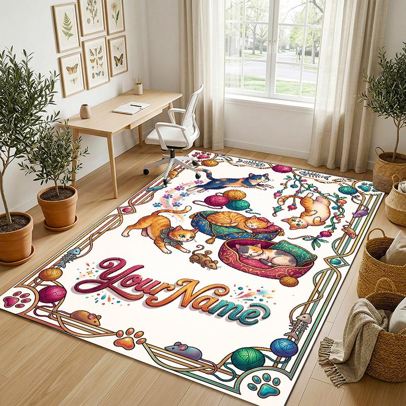 Cat Theme Crystal Velvet Rug Personalized Custom Name Text Soft Floor Mat Home Decor
