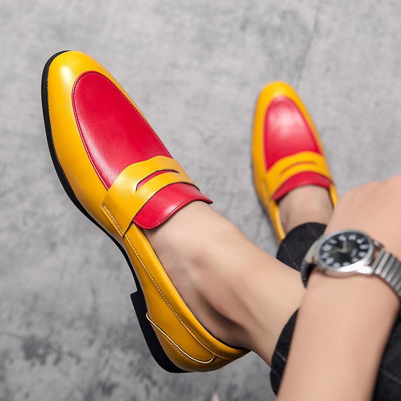 New Men's Low-top Office Dress Leather Shoes Men's Large Size Black and White Color Matching Leather Shoes One Foot Loafers