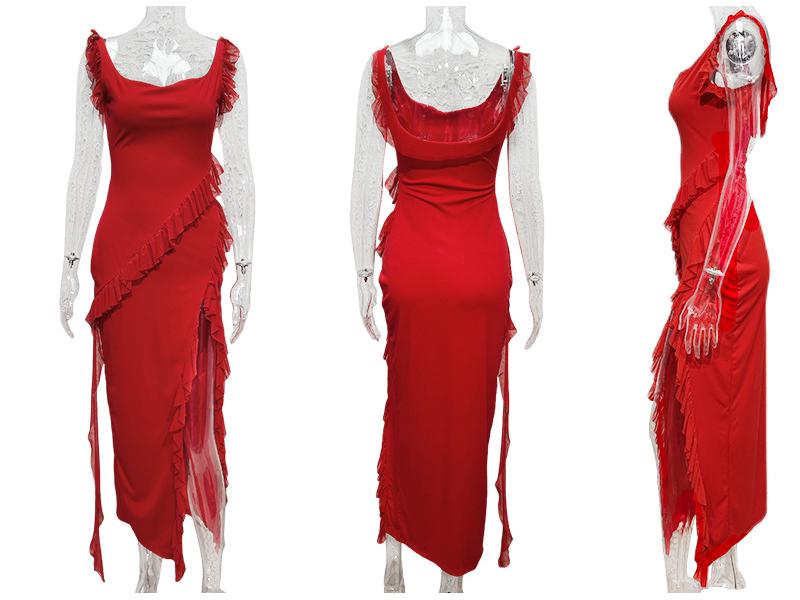 2024 Francouzské letní šaty s volánky a rozparkem pro ženy