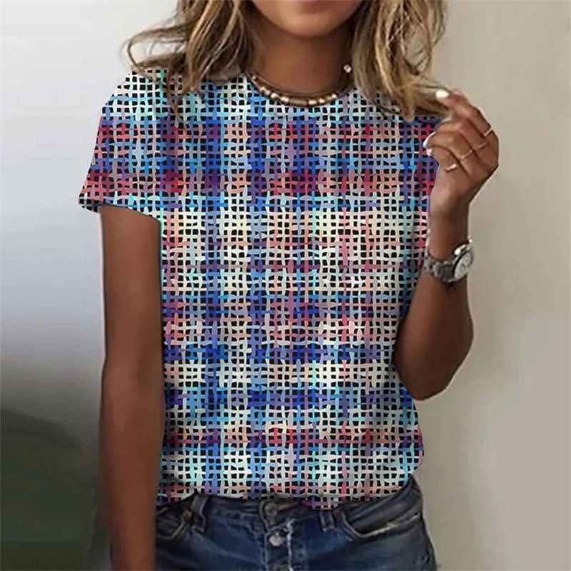 Stripe grid retro pattern 3D printed T-shirt for women's round neck T-shirt