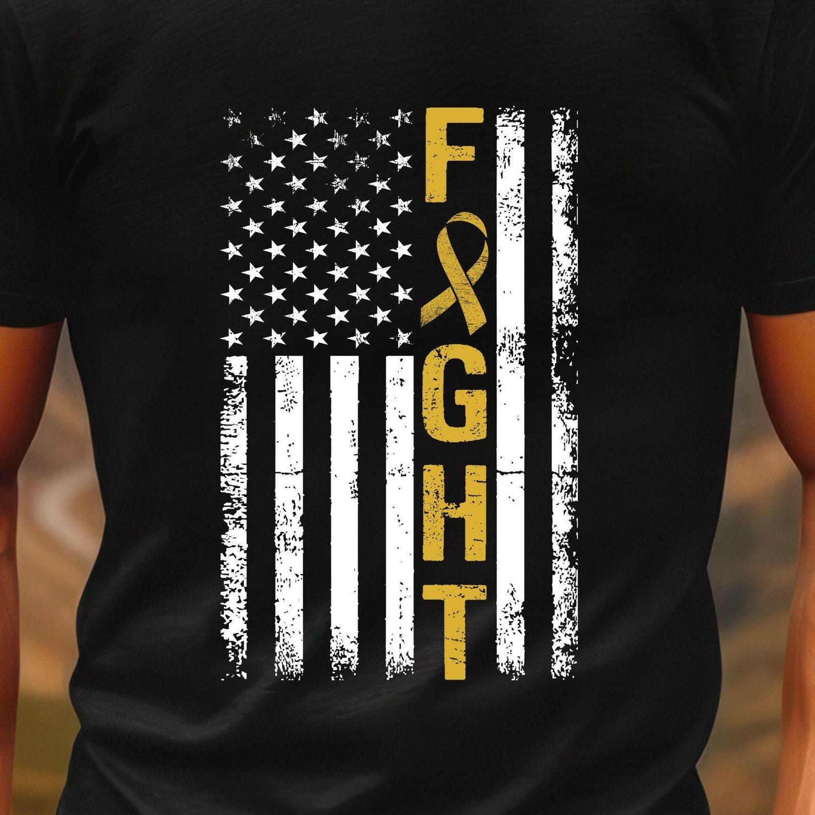 Childhood Cancer Awareness T-Shirt, Gold Ribbon Tee, American Flag Shirt, Fight Cancer Top, Unisex Jersey L