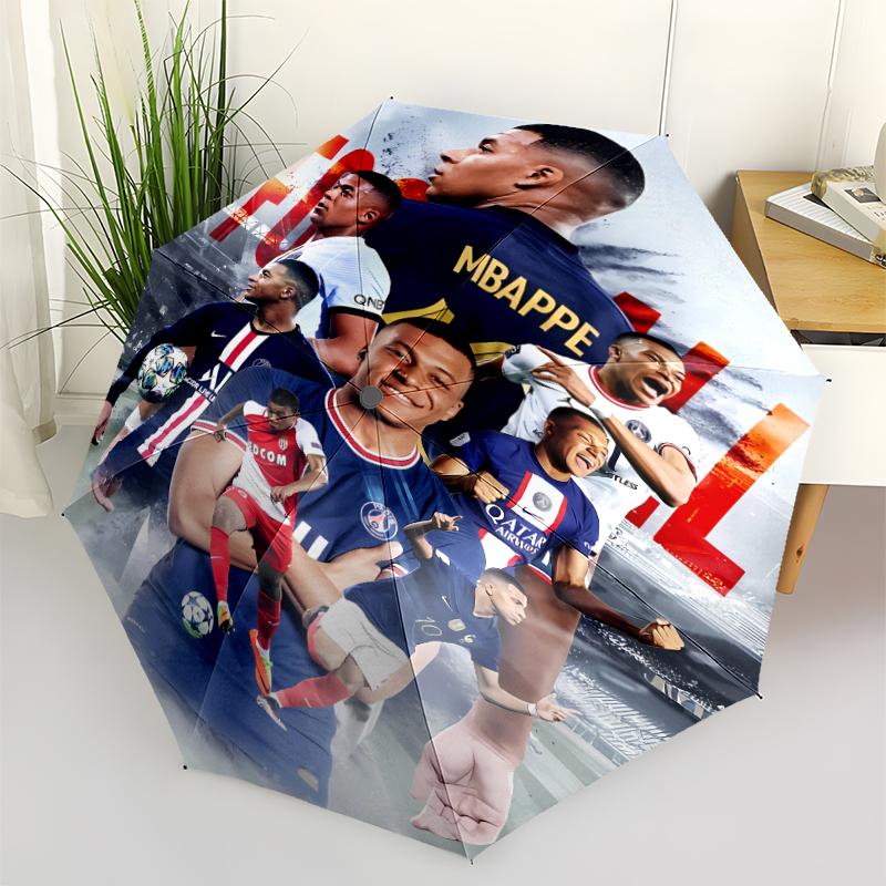 Kylian Mbappé Print Automatic Umbrella, 8 Rib Iron Frame, Plastic Handle, Suitable for Outdoor Travel &Daily , Ideal Gift