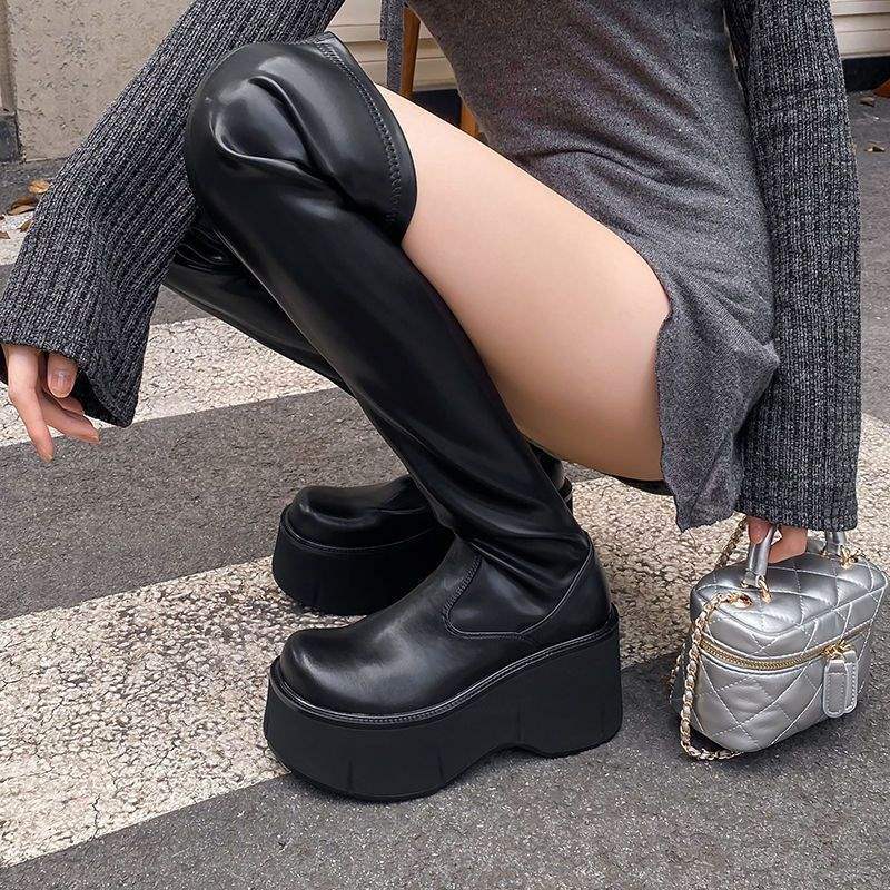 Nuove moda autunno inverno 2025 stivali alti versatili con temperamento, sottili, punta tonda, suola spessa, tacco alto, stivali elastici da donna