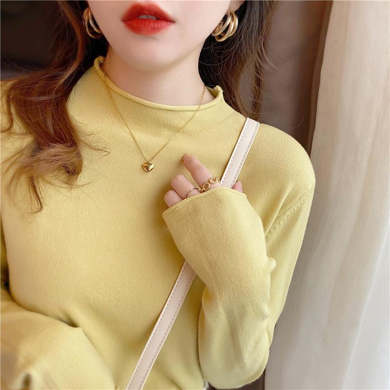 Ladies autumn winter Long Sleeve stand Collar slim fit Basic Solid Color Pullover T Shirt Top for Layering