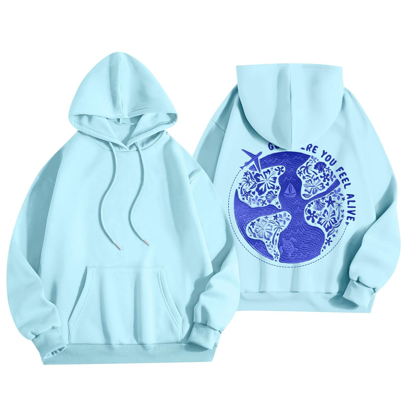 

Женская мода, женский легкий пуловер с длинными рукавами и карманами, толстовка с капюшоном в стиле консервативного стиля XL небесно-голубой