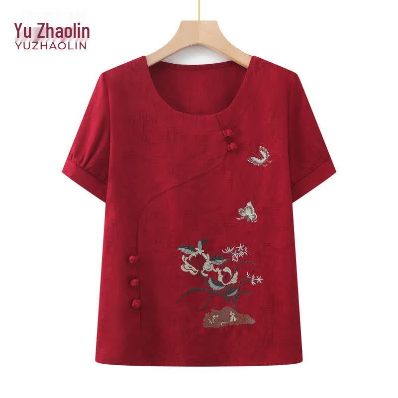 YUZHAOLIN Women s Elegant Short-Sleeve Summer Set for Seniors 2XL