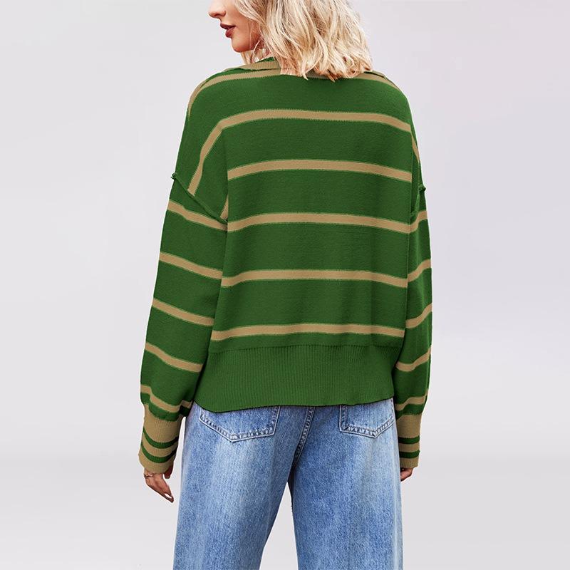 Autumn and Winter Women's Clothing New Fashion Splicing Striped Sweater Lapel Loose Large Size Knitted Sweater Women